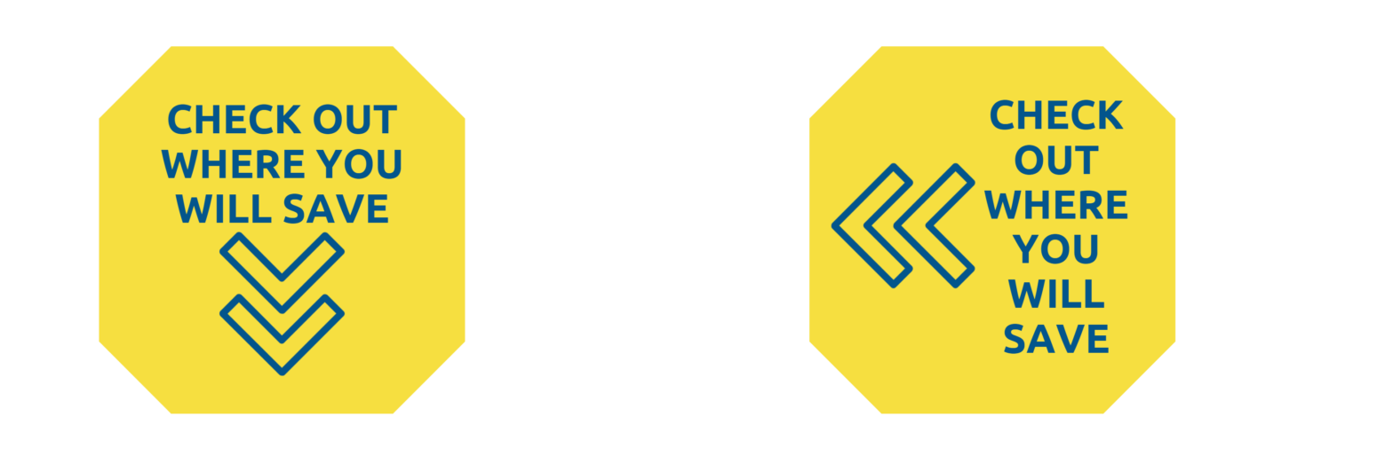 Yellow sign with text and arrows.