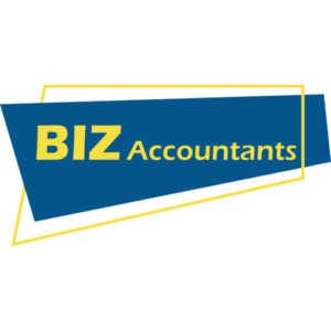 BIZ Accountants logo with blue and yellow.